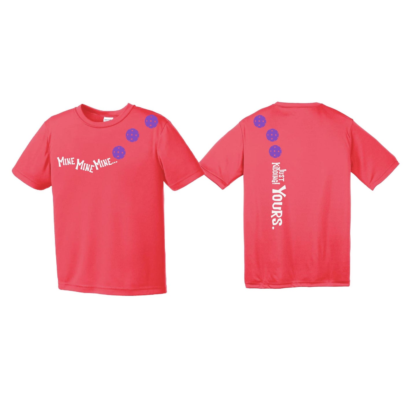 Mine JK Yours (Pickleballs Pink Purple Rainbow) | Youth Short Sleeve Pickleball Performance T-Shirts | 100% Polyester