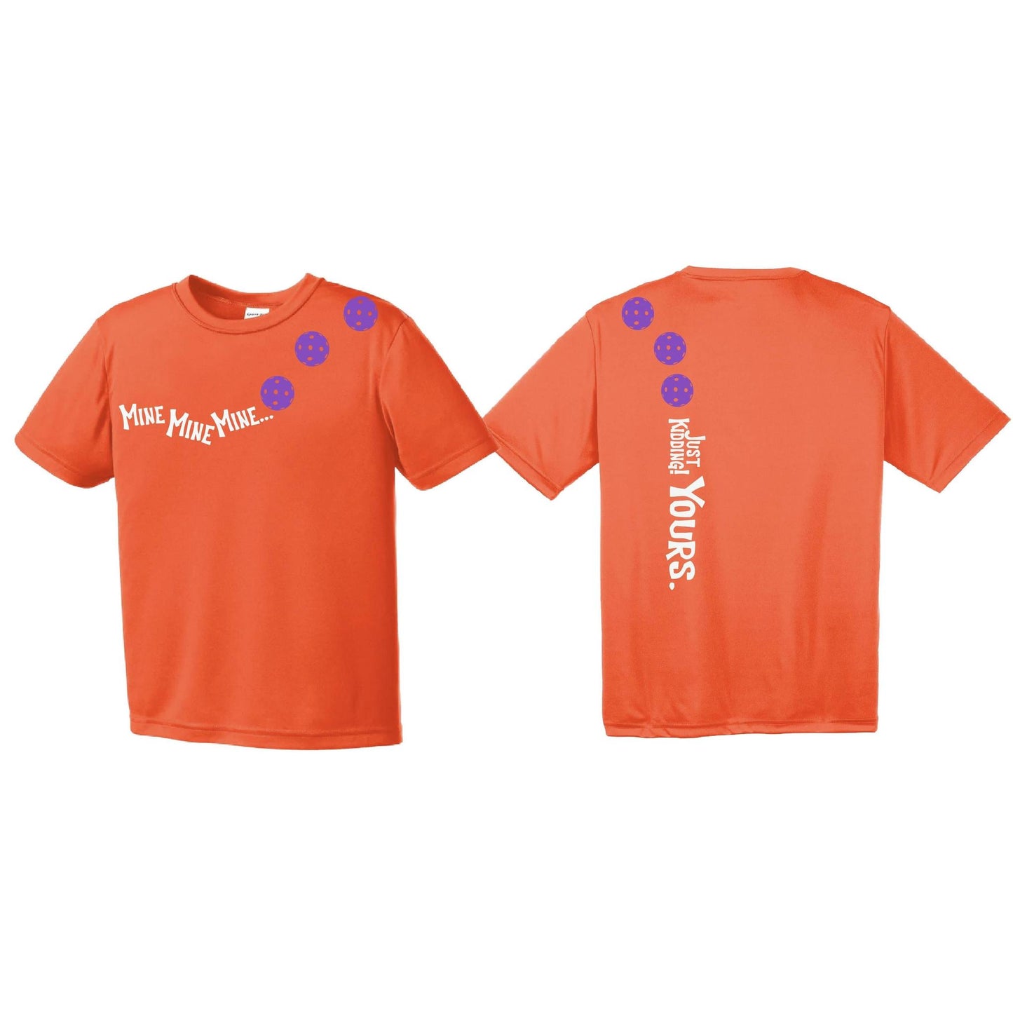 Mine JK Yours (Pickleballs Pink Purple Rainbow) | Youth Short Sleeve Pickleball Performance T-Shirts | 100% Polyester