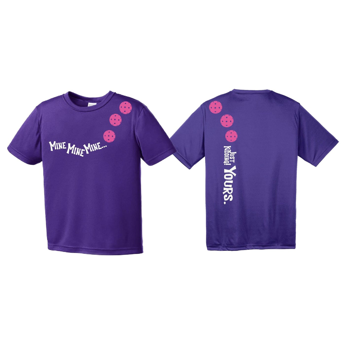Mine JK Yours (Pickleballs Pink Purple Rainbow) | Youth Short Sleeve Pickleball Performance T-Shirts | 100% Polyester