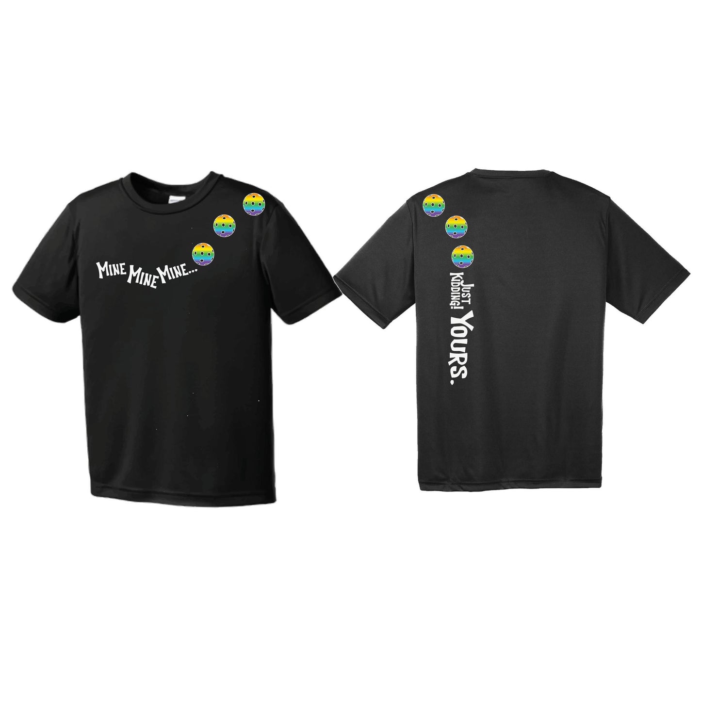 Mine JK Yours (Pickleballs Pink Purple Rainbow) | Youth Short Sleeve Pickleball Performance T-Shirts | 100% Polyester