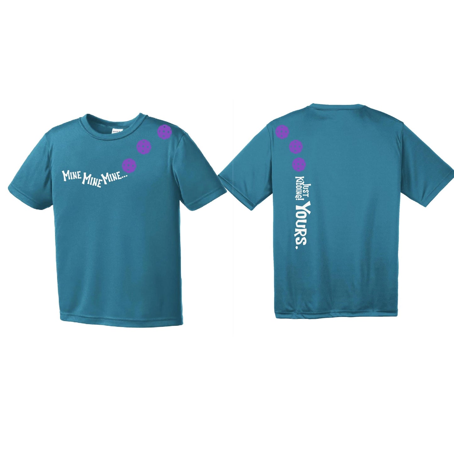 Mine JK Yours (Pickleballs Pink Purple Rainbow) | Youth Short Sleeve Pickleball Performance T-Shirts | 100% Polyester