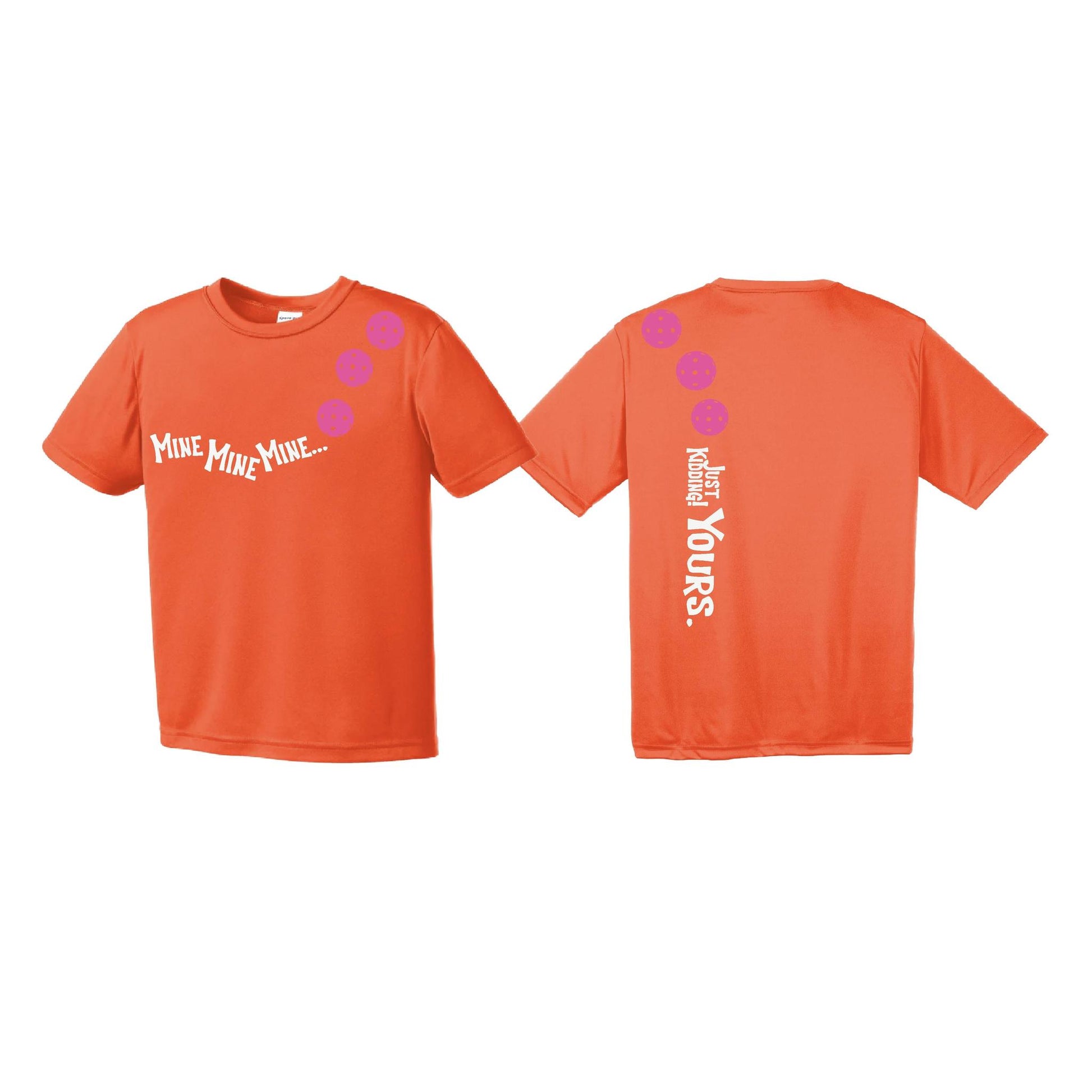 Mine JK Yours (Pickleballs Pink Purple Rainbow) | Youth Short Sleeve Pickleball Performance T-Shirts | 100% Polyester