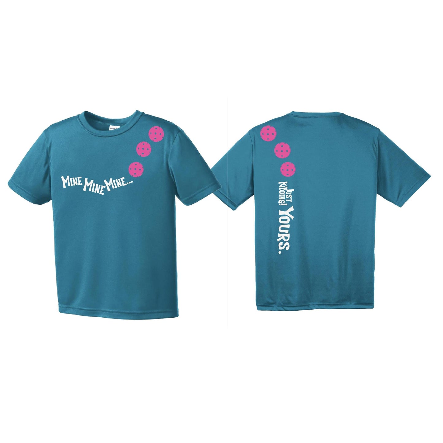 Mine JK Yours (Pickleballs Pink Purple Rainbow) | Youth Short Sleeve Pickleball Performance T-Shirts | 100% Polyester