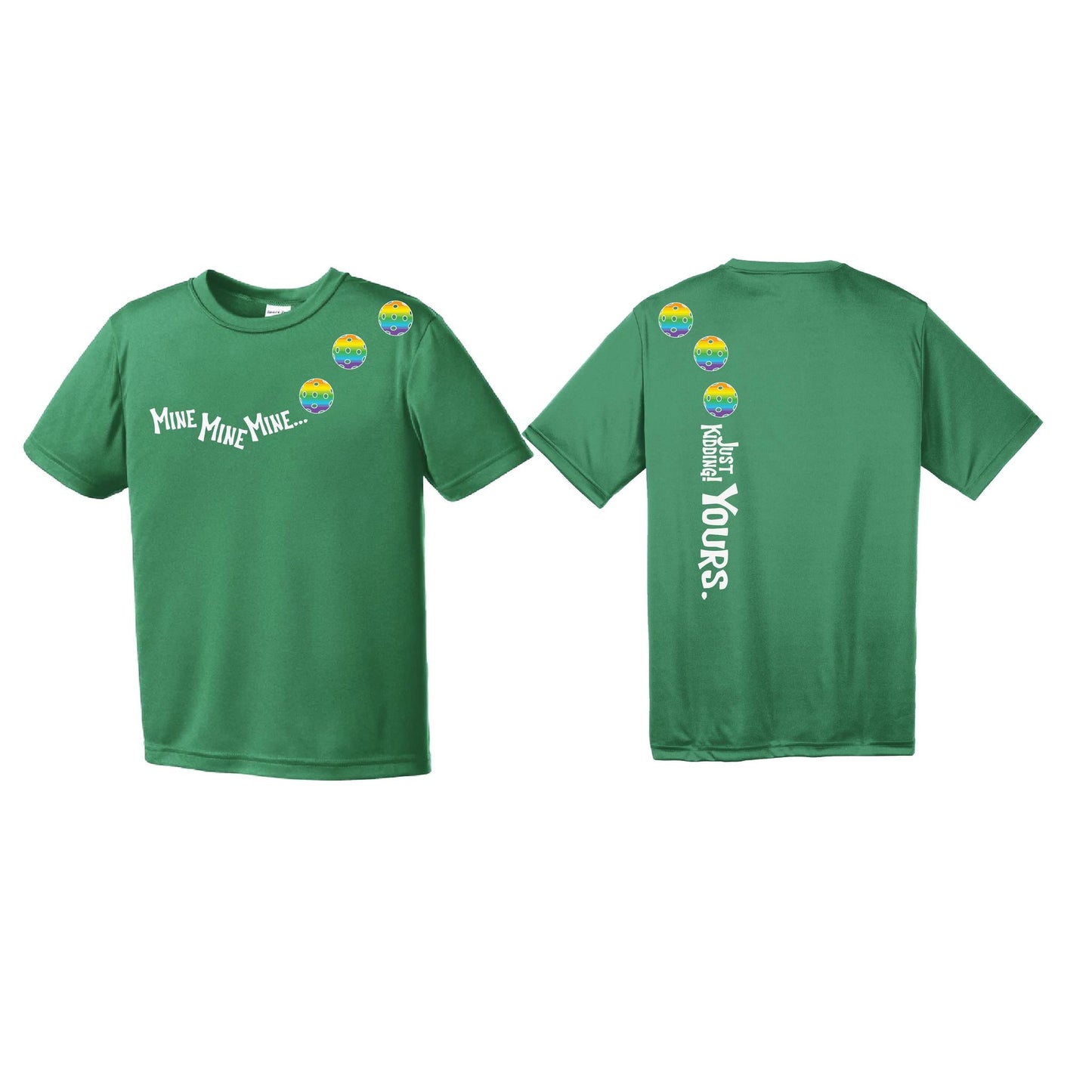 Mine JK Yours (Pickleballs Pink Purple Rainbow) | Youth Short Sleeve Pickleball Performance T-Shirts | 100% Polyester