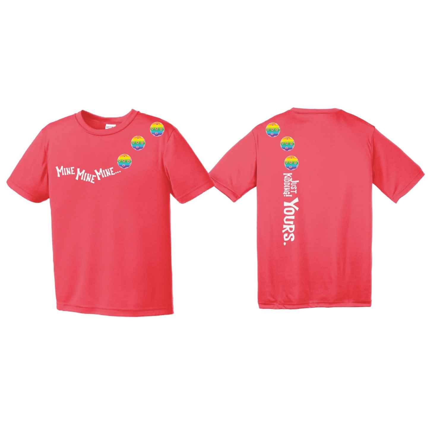 Mine JK Yours (Pickleballs Pink Purple Rainbow) | Youth Short Sleeve Pickleball Performance T-Shirts | 100% Polyester