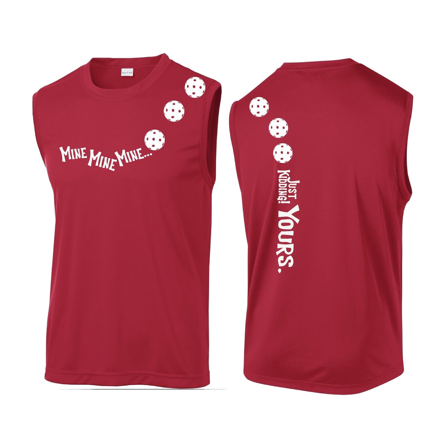 Mine JK Yours (Pickleballs Red White Yellow) | Men's Sleeveless Athletic Performance T-Shirt | 100% Polyester