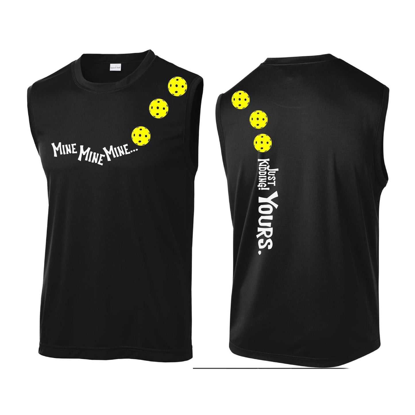 Mine JK Yours (Pickleballs Red White Yellow) | Men's Sleeveless Athletic Performance T-Shirt | 100% Polyester