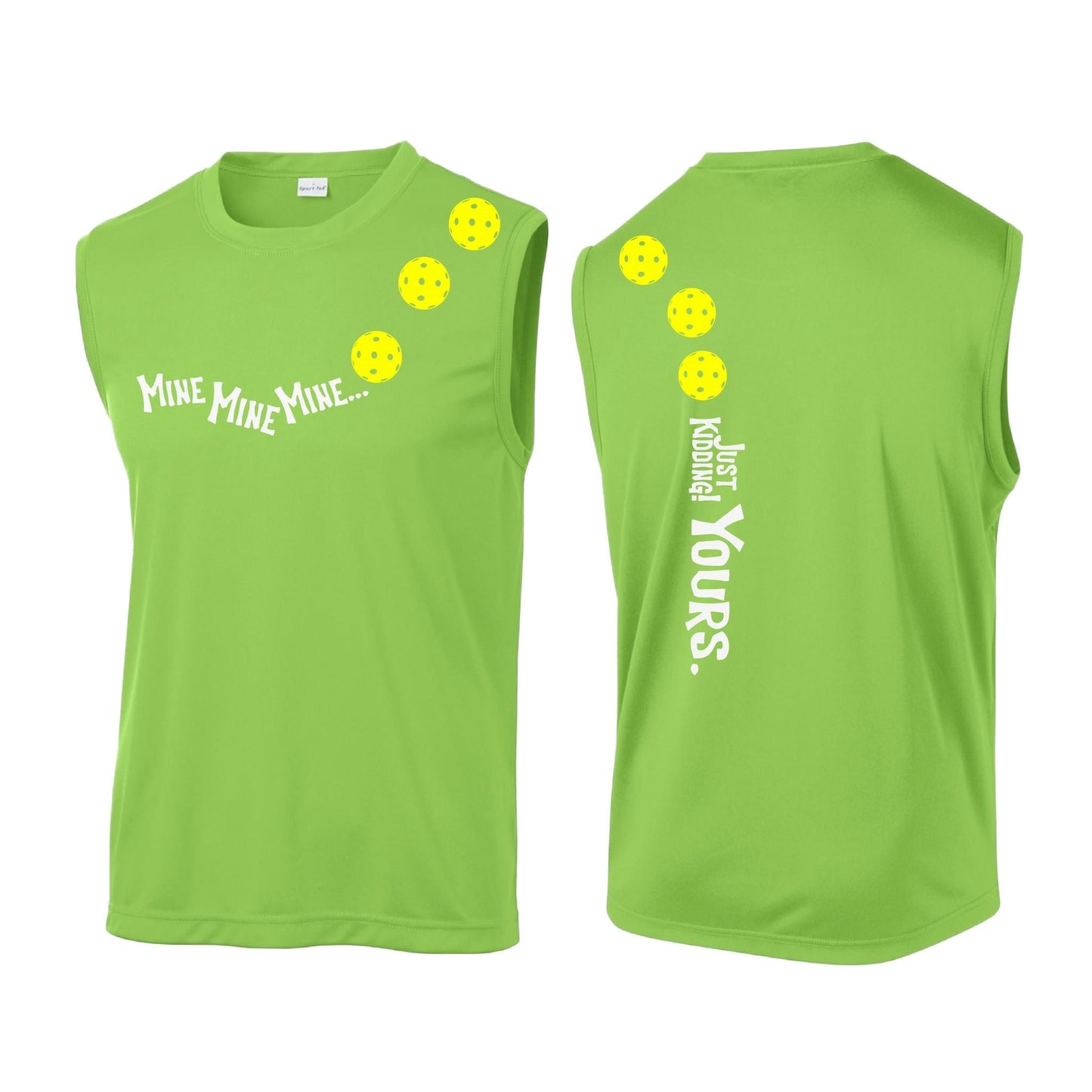 Mine JK Yours (Pickleballs Red White Yellow) | Men's Sleeveless Athletic Performance T-Shirt | 100% Polyester