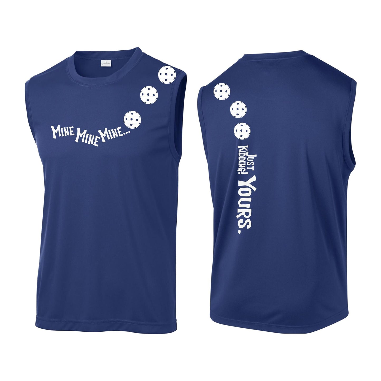 Mine JK Yours (Pickleballs Red White Yellow) | Men's Sleeveless Athletic Performance T-Shirt | 100% Polyester