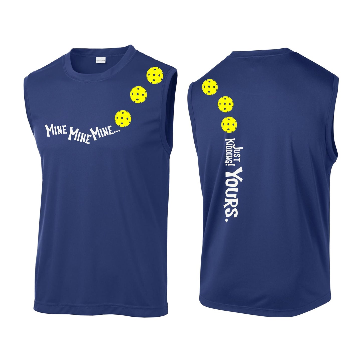 Mine JK Yours (Pickleballs Red White Yellow) | Men's Sleeveless Athletic Performance T-Shirt | 100% Polyester