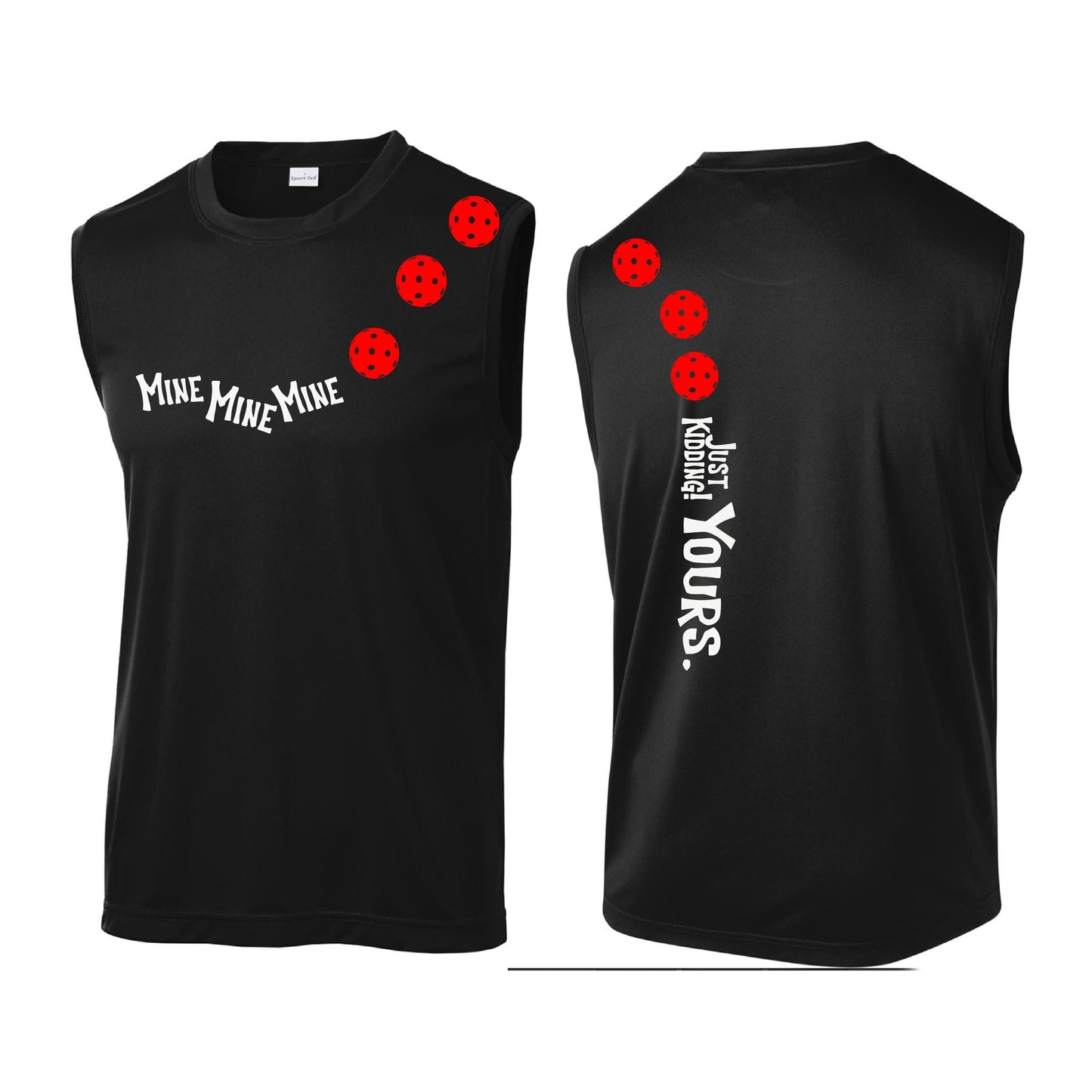 Mine JK Yours (Pickleballs Red White Yellow) | Men's Sleeveless Athletic Performance T-Shirt | 100% Polyester