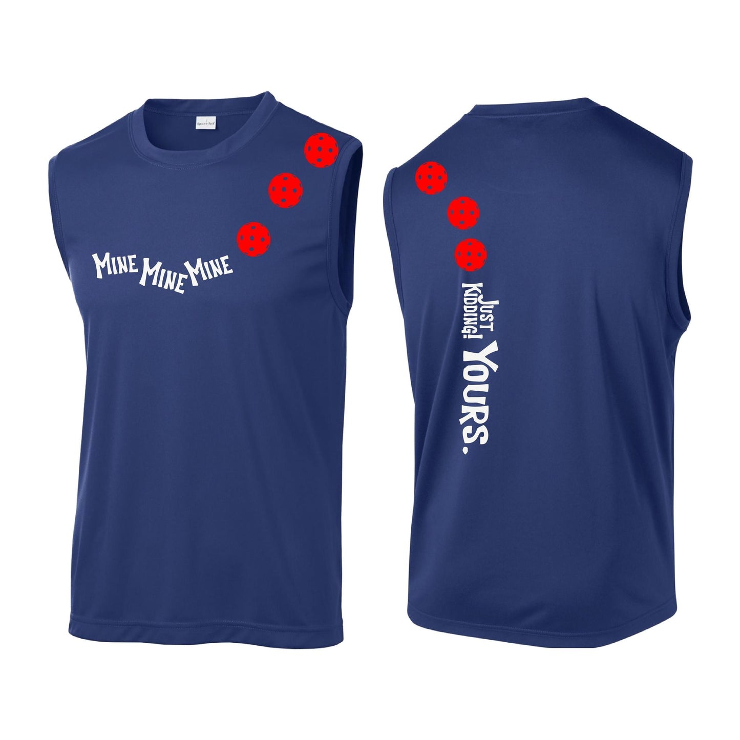 Mine JK Yours (Pickleballs Red White Yellow) | Men's Sleeveless Athletic Performance T-Shirt | 100% Polyester