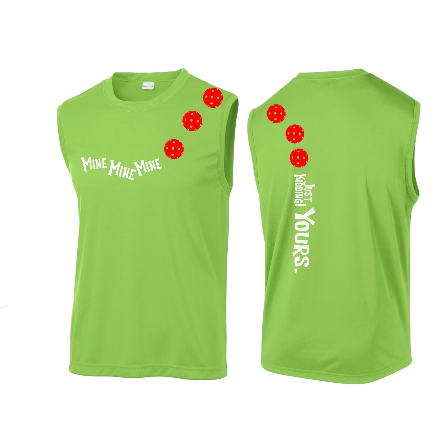 Mine JK Yours (Pickleballs Red White Yellow) | Men's Sleeveless Athletic Performance T-Shirt | 100% Polyester