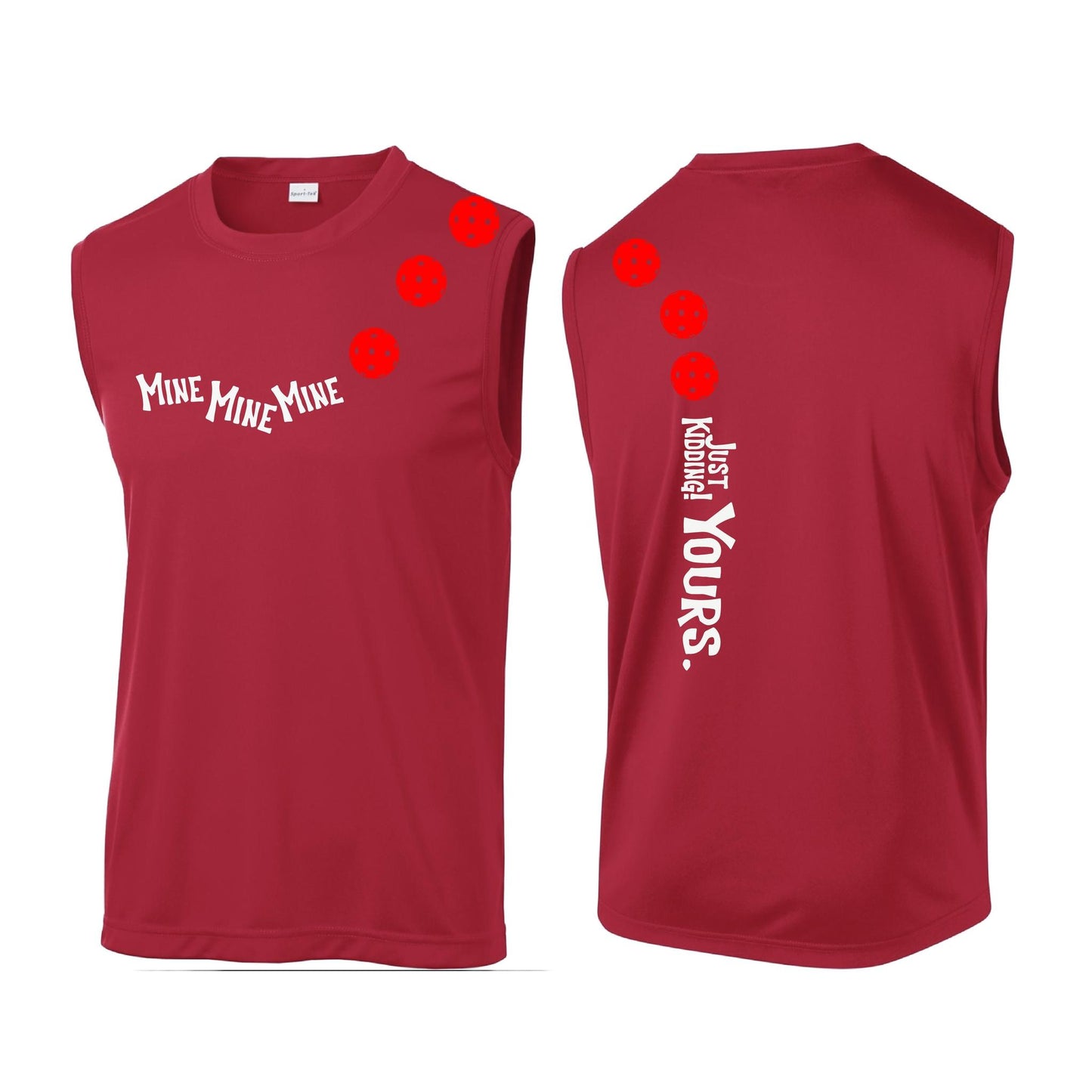 Mine JK Yours (Pickleballs Red White Yellow) | Men's Sleeveless Athletic Performance T-Shirt | 100% Polyester