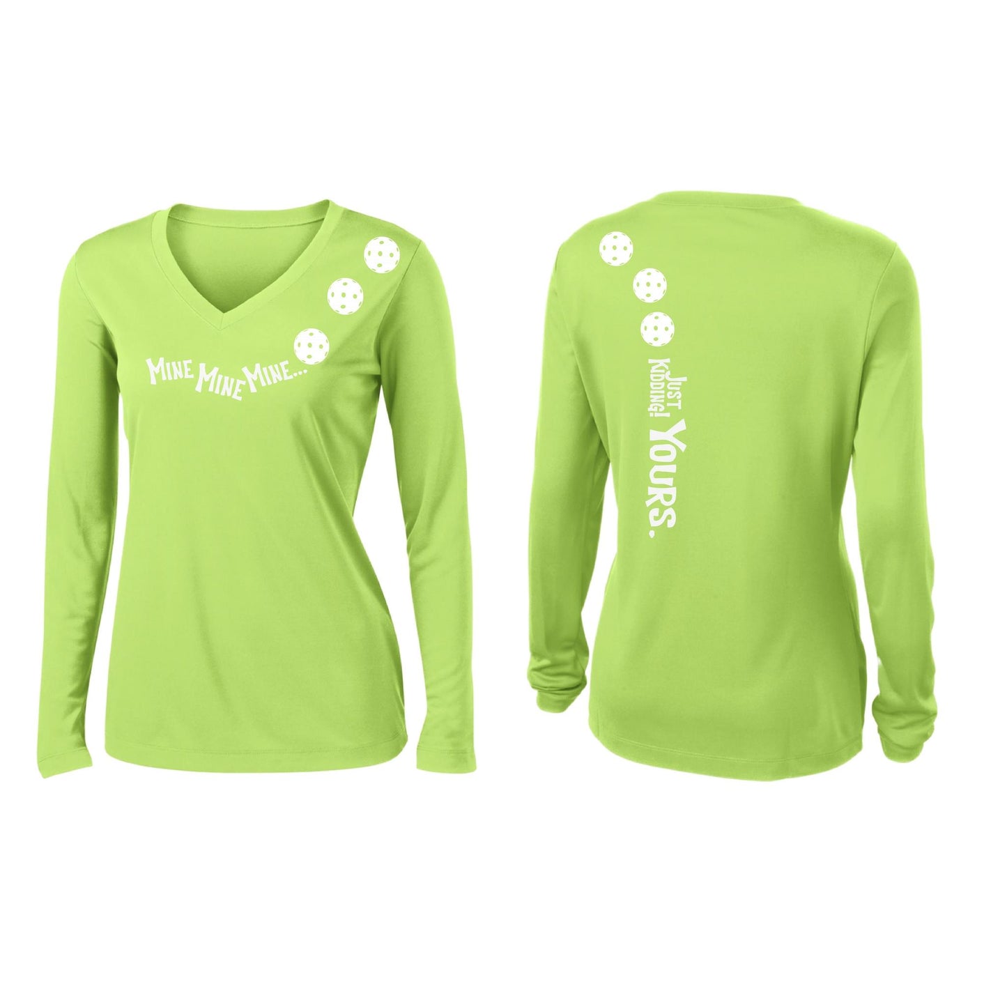 Mine JK Yours (Pickleballs Red White Yellow) | Women’s Long Sleeve V-Neck Pickleball Performance T-Shirt | 100% Polyester