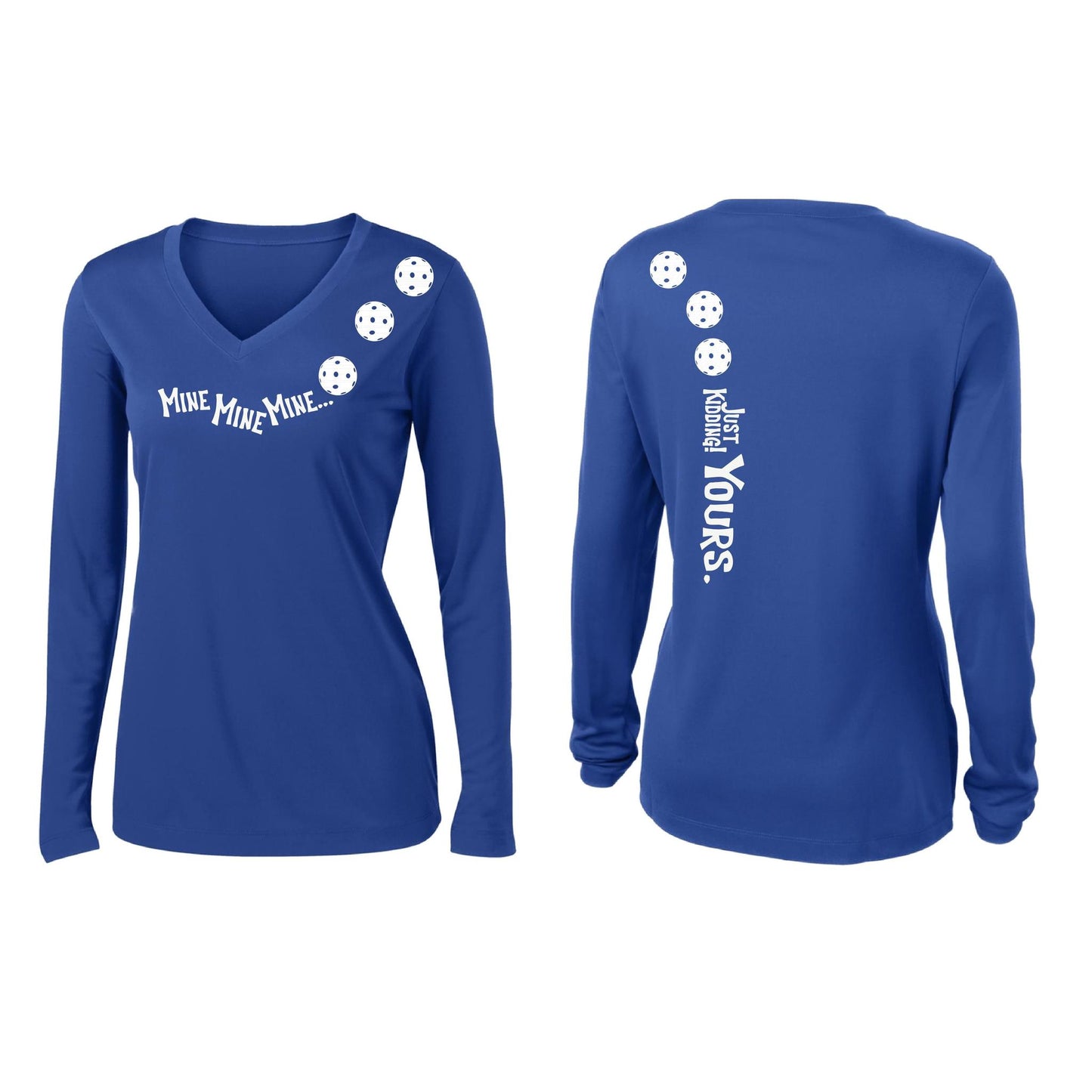Mine JK Yours (Pickleballs Red White Yellow) | Women’s Long Sleeve V-Neck Pickleball Performance T-Shirt | 100% Polyester