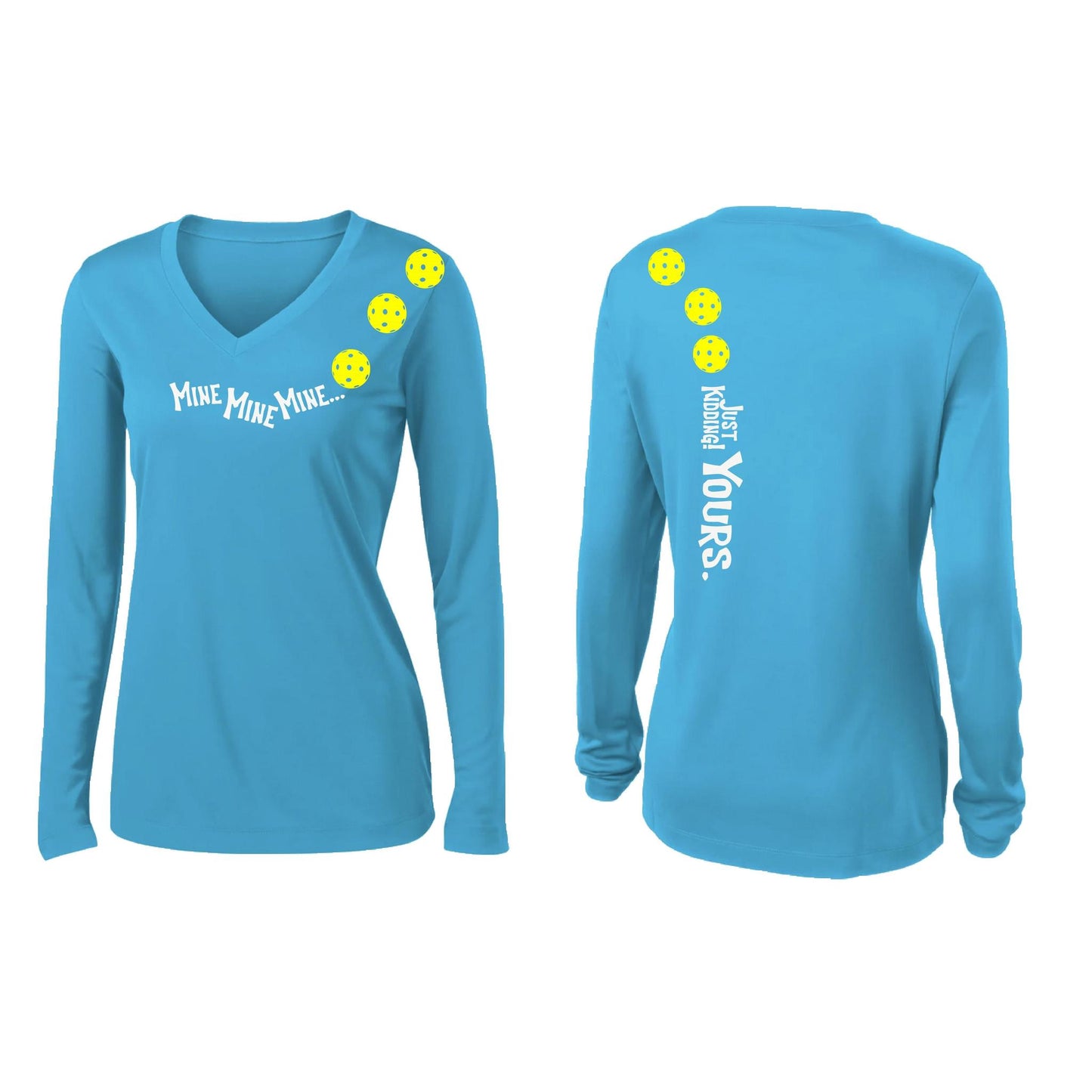 Mine JK Yours (Pickleballs Red White Yellow) | Women’s Long Sleeve V-Neck Pickleball Performance T-Shirt | 100% Polyester
