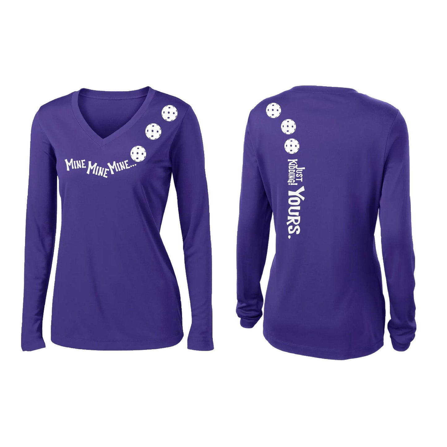 Mine JK Yours (Pickleballs Red White Yellow) | Women’s Long Sleeve V-Neck Pickleball Performance T-Shirt | 100% Polyester