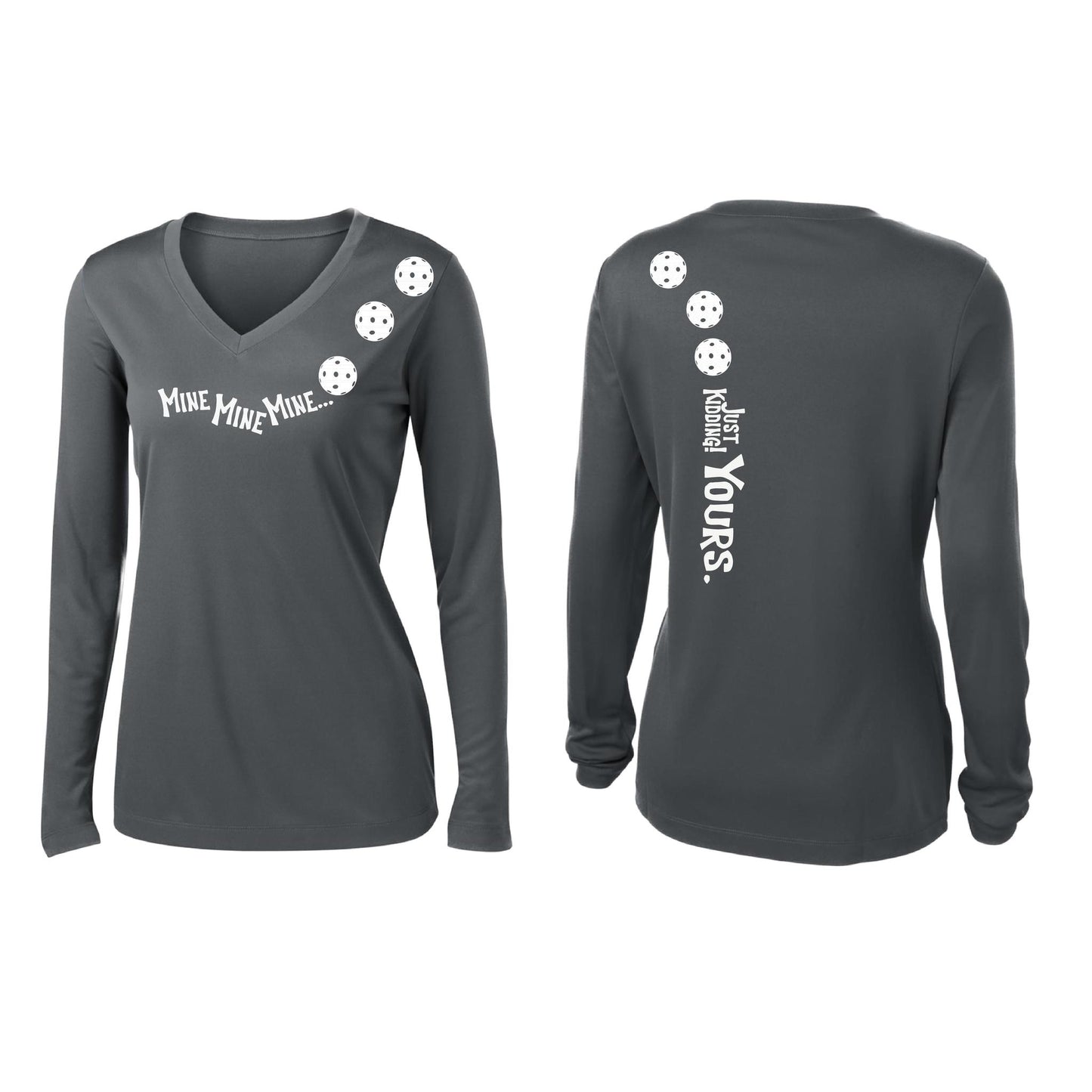 Mine JK Yours (Pickleballs Red White Yellow) | Women’s Long Sleeve V-Neck Pickleball Performance T-Shirt | 100% Polyester