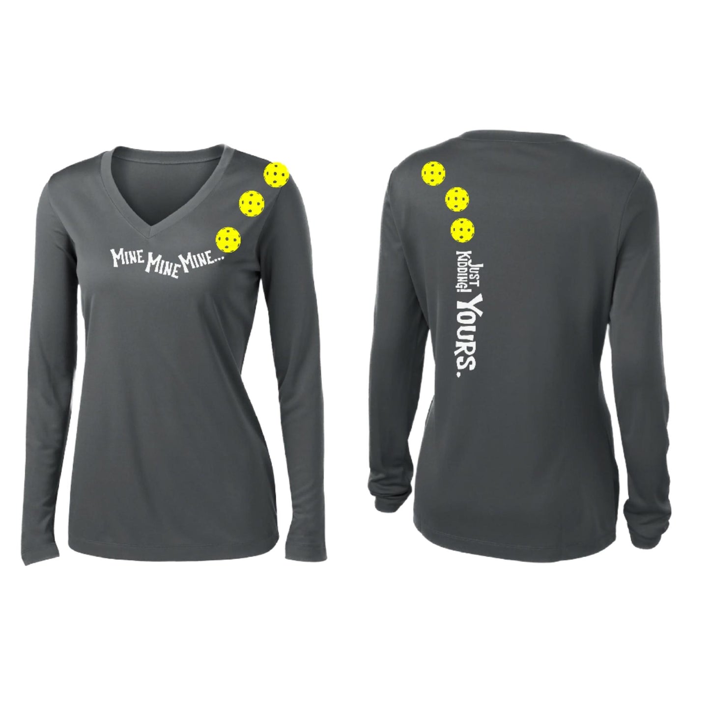 Mine JK Yours (Pickleballs Red White Yellow) | Women’s Long Sleeve V-Neck Pickleball Performance T-Shirt | 100% Polyester