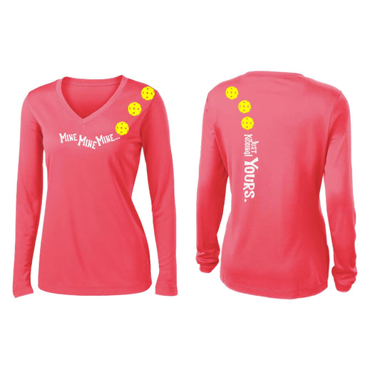Mine JK Yours (Pickleballs Red White Yellow) | Women’s Long Sleeve V-Neck Pickleball Performance T-Shirt | 100% Polyester