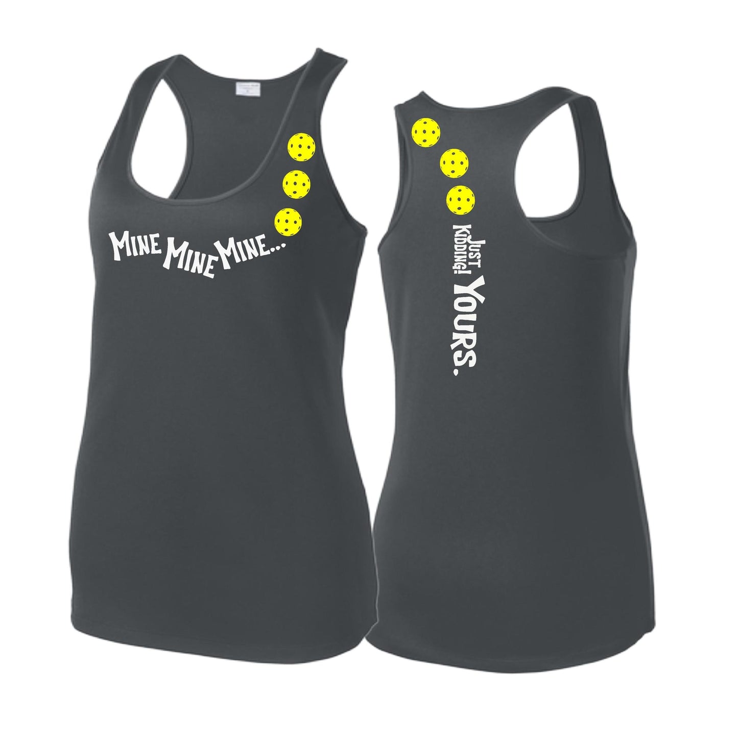 Mine JK Yours (Pickleballs Red White Yellow) | Women's Racerback Pickleball Tank | 100% Polyester