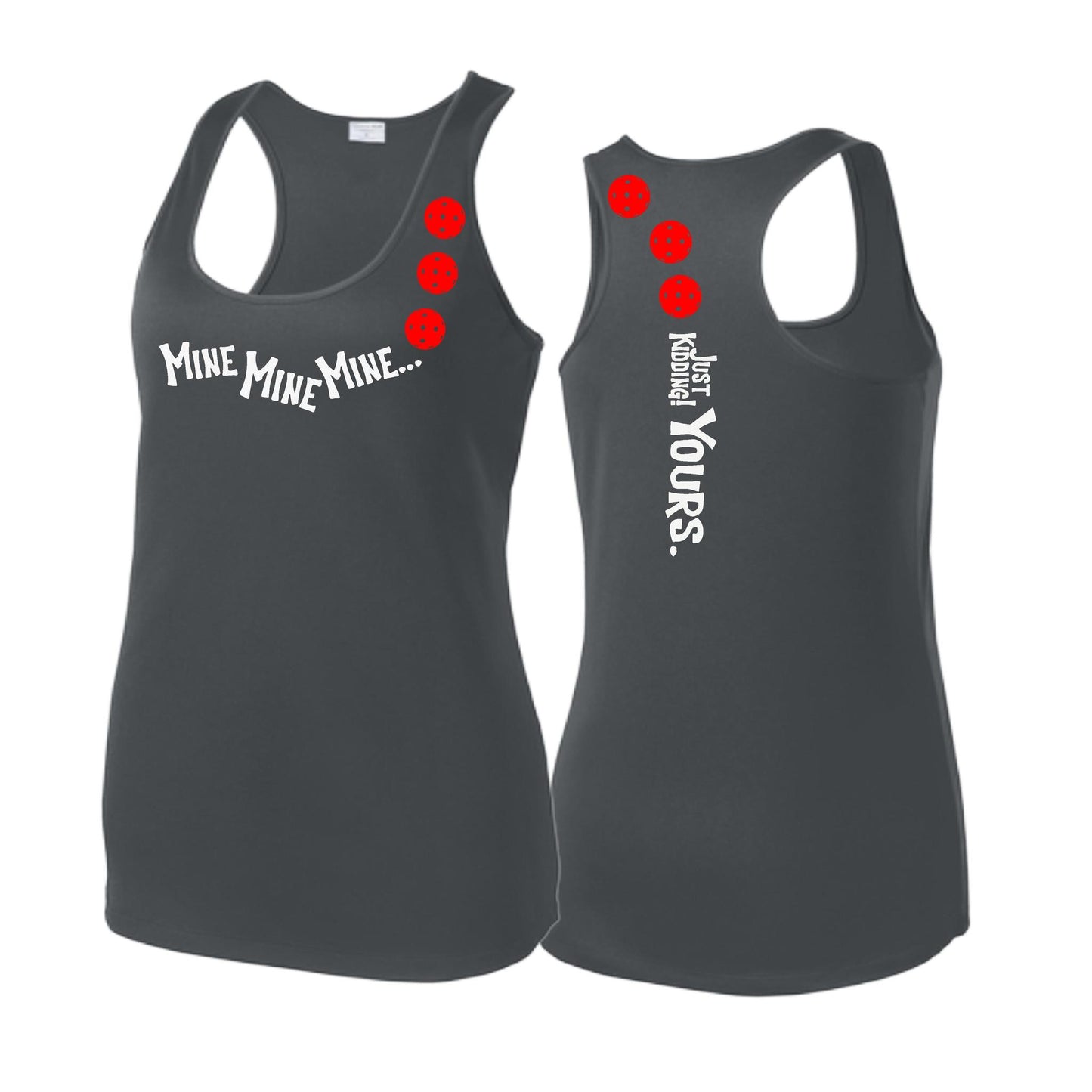 Mine JK Yours (Pickleballs Red White Yellow) | Women's Racerback Pickleball Tank | 100% Polyester