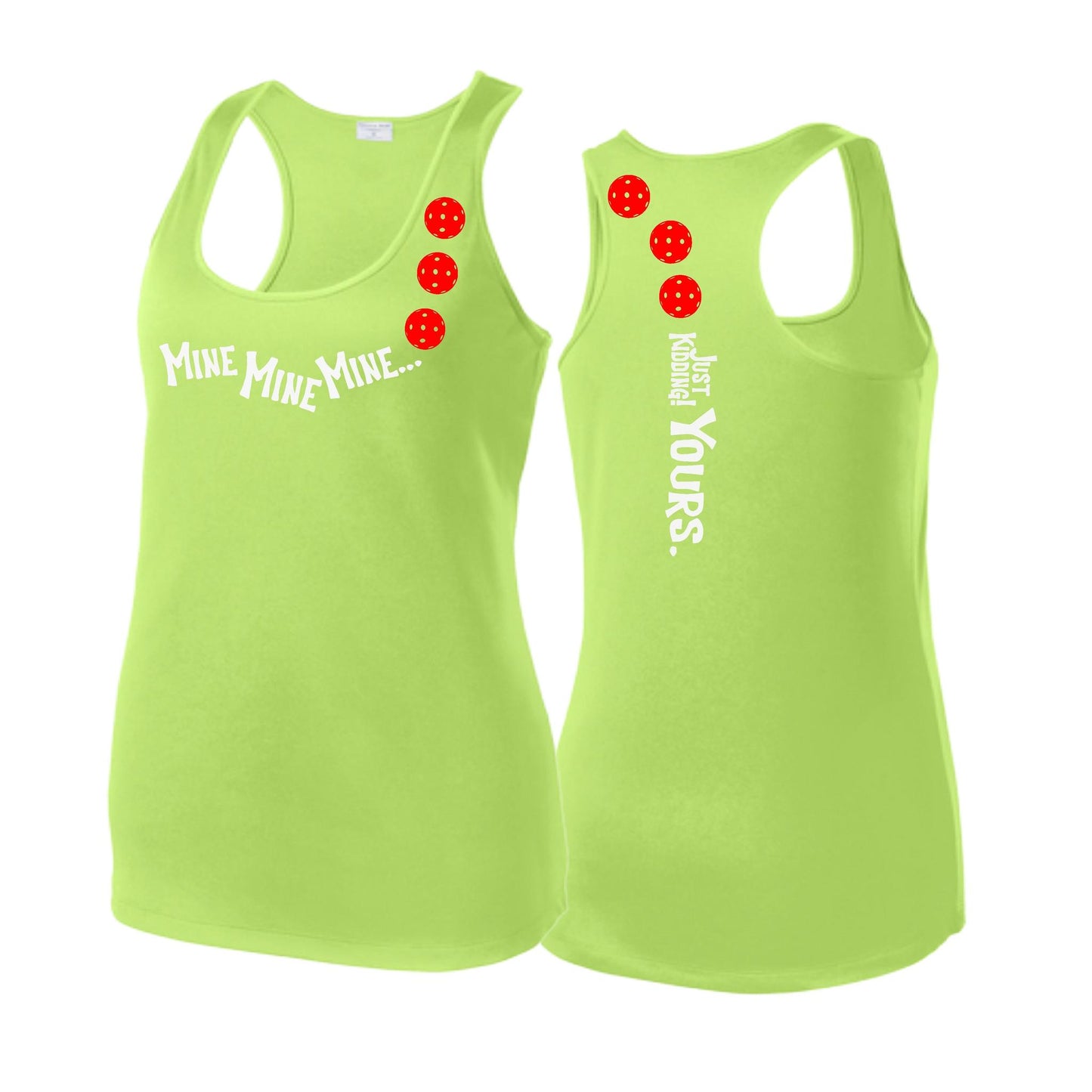 Mine JK Yours (Pickleballs Red White Yellow) | Women's Racerback Pickleball Tank | 100% Polyester