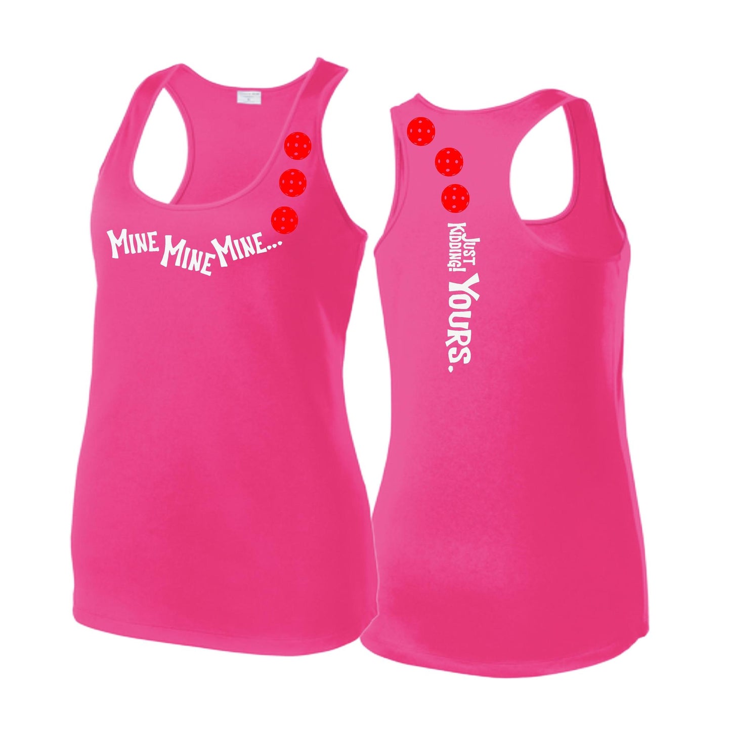 Mine JK Yours (Pickleballs Red White Yellow) | Women's Racerback Pickleball Tank | 100% Polyester