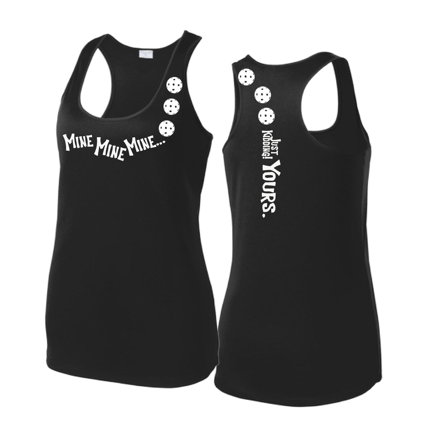 Mine JK Yours (Pickleballs Red White Yellow) | Women's Racerback Pickleball Tank | 100% Polyester