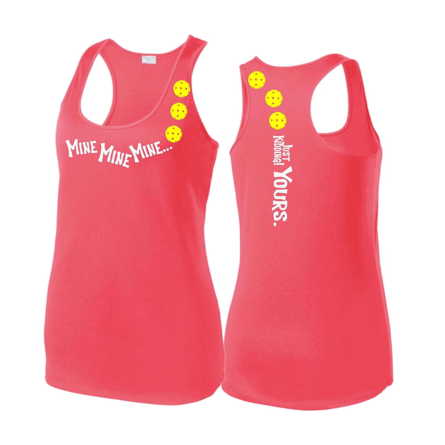Mine JK Yours (Pickleballs Red White Yellow) | Women's Racerback Pickleball Tank | 100% Polyester