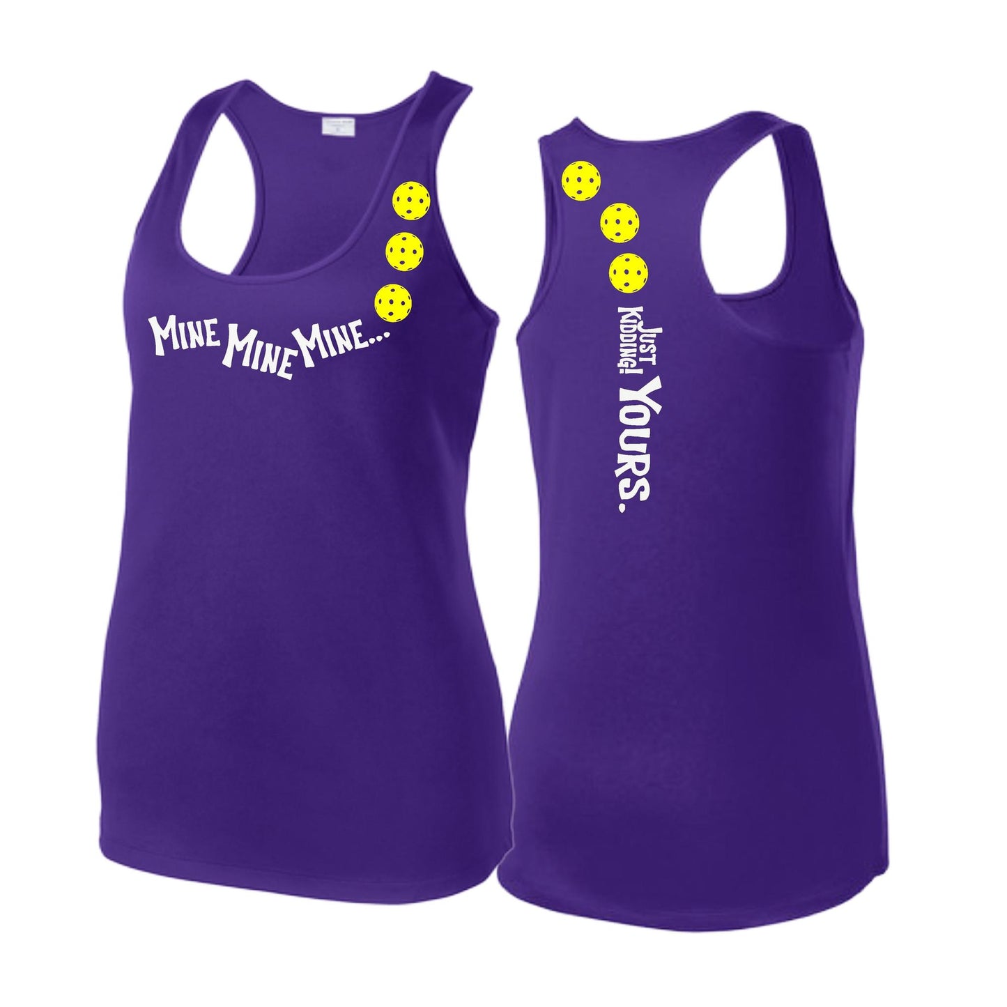 Mine JK Yours (Pickleballs Red White Yellow) | Women's Racerback Pickleball Tank | 100% Polyester