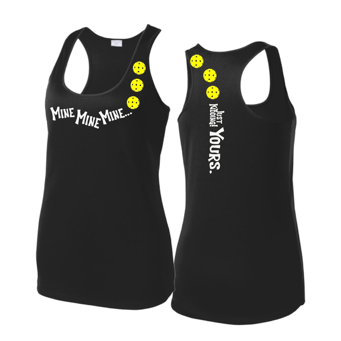 Mine JK Yours (Pickleballs Red White Yellow) | Women's Racerback Pickleball Tank | 100% Polyester