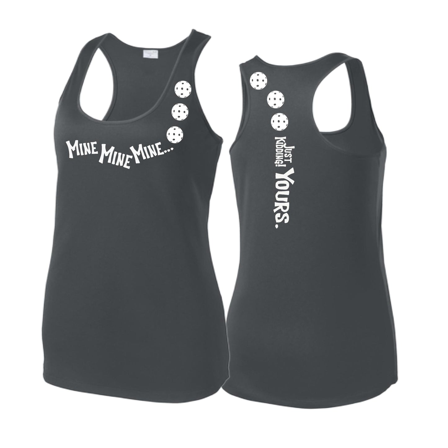Mine JK Yours (Pickleballs Red White Yellow) | Women's Racerback Pickleball Tank | 100% Polyester