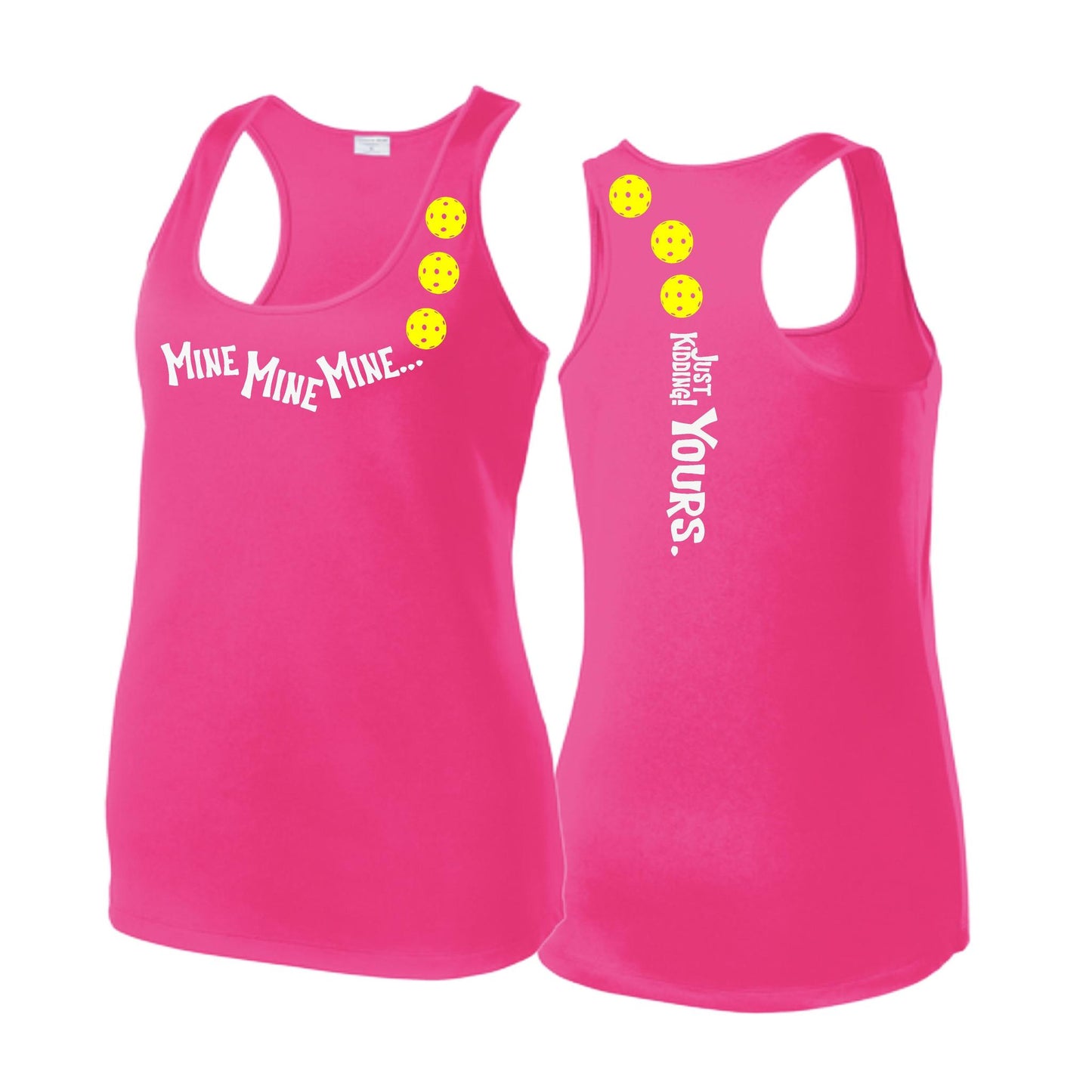 Mine JK Yours (Pickleballs Red White Yellow) | Women's Racerback Pickleball Tank | 100% Polyester