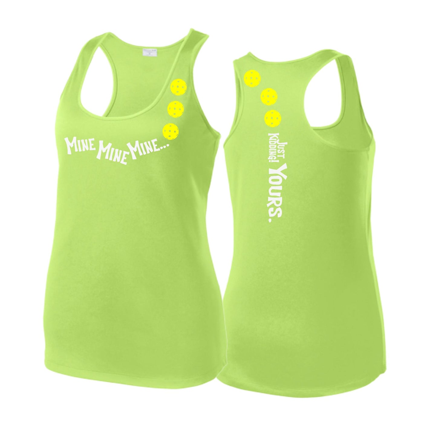 Mine JK Yours (Pickleballs Red White Yellow) | Women's Racerback Pickleball Tank | 100% Polyester