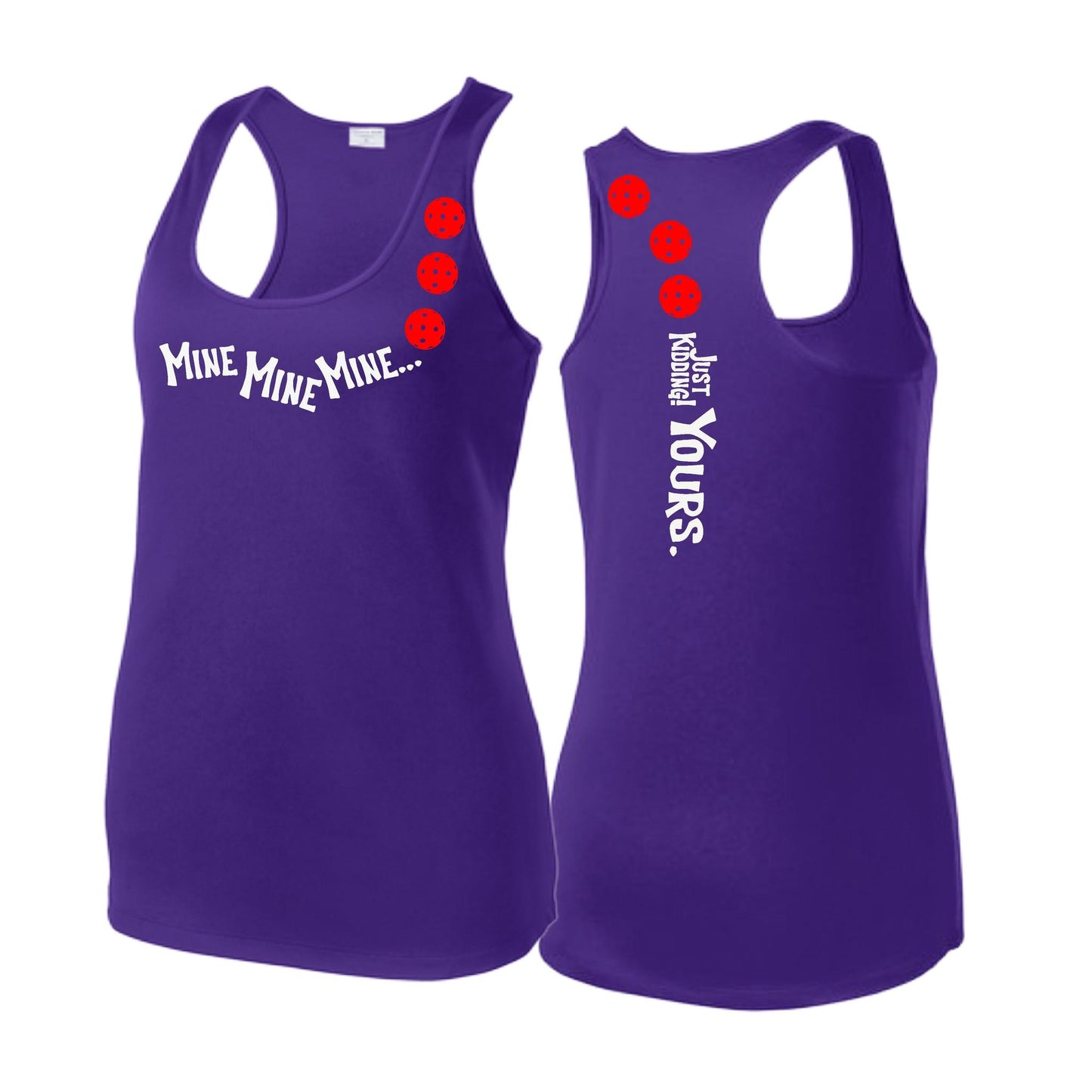 Mine JK Yours (Pickleballs Red White Yellow) | Women's Racerback Pickleball Tank | 100% Polyester