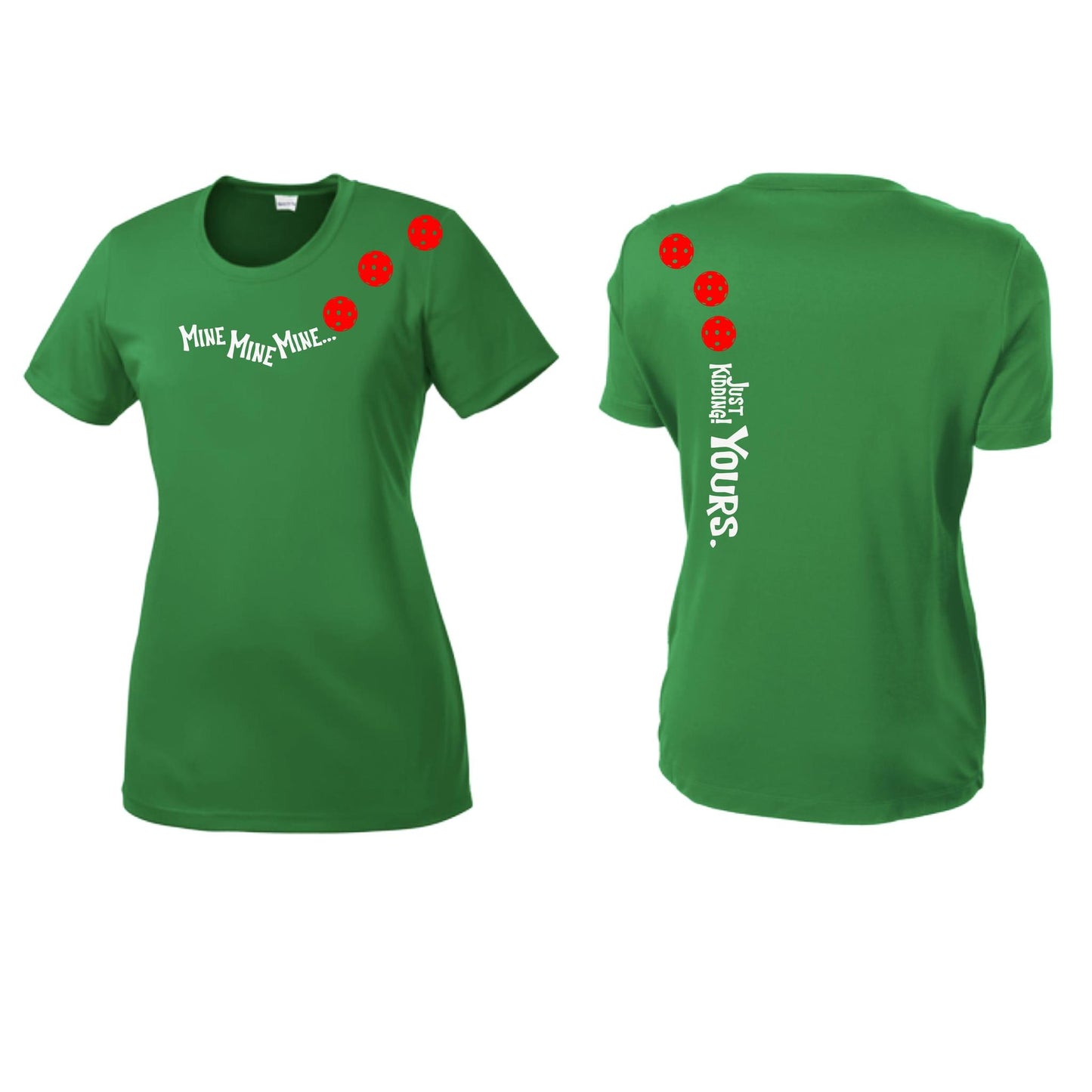 Mine JK Yours (Pickleballs Red White Yellow) | Women’s Short Sleeve Crewneck Pickleball Performance T-Shirts | 100% Polyester