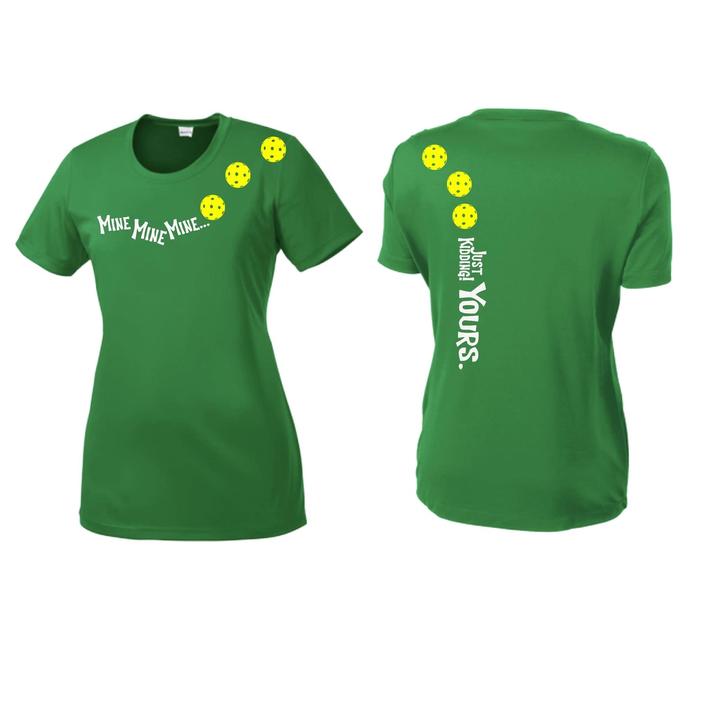 Mine JK Yours (Pickleballs Red White Yellow) | Women’s Short Sleeve Crewneck Pickleball Performance T-Shirts | 100% Polyester