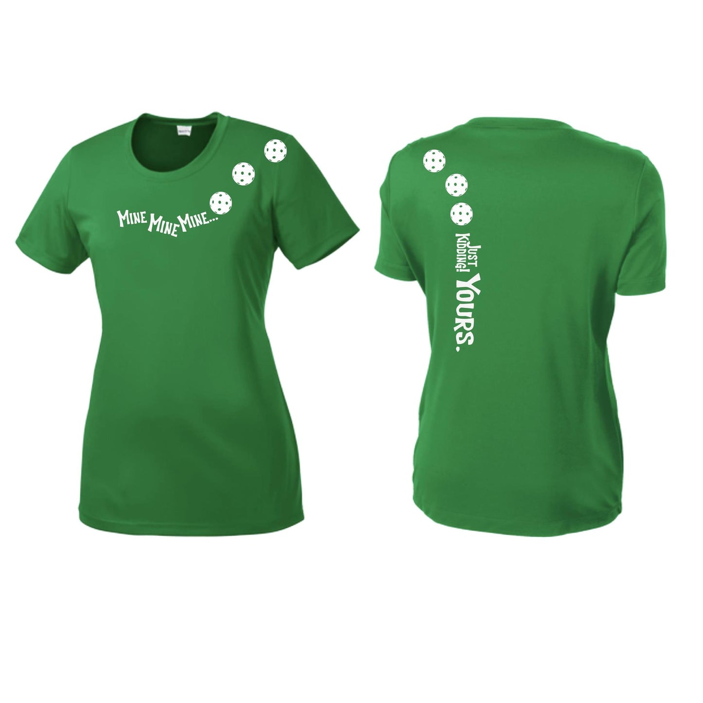 Mine JK Yours (Pickleballs Red White Yellow) | Women’s Short Sleeve Crewneck Pickleball Performance T-Shirts | 100% Polyester