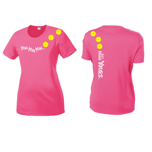 Mine JK Yours (Pickleballs Red White Yellow) | Women’s Short Sleeve Crewneck Pickleball Performance T-Shirts | 100% Polyester