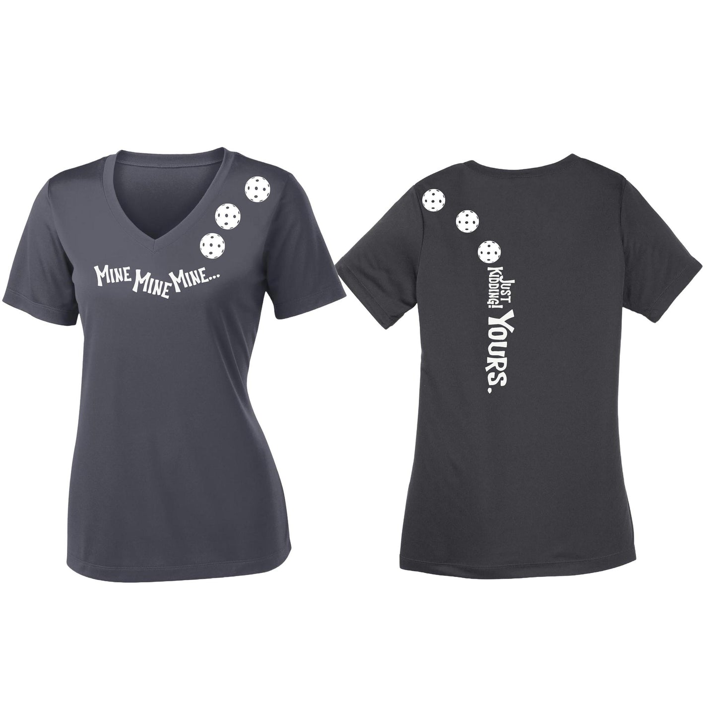 Mine JK Yours (Pickleballs Red White Yellow) | Women's Short Sleeve V-Neck Pickleball Performance T-Shirts | 100% Polyester