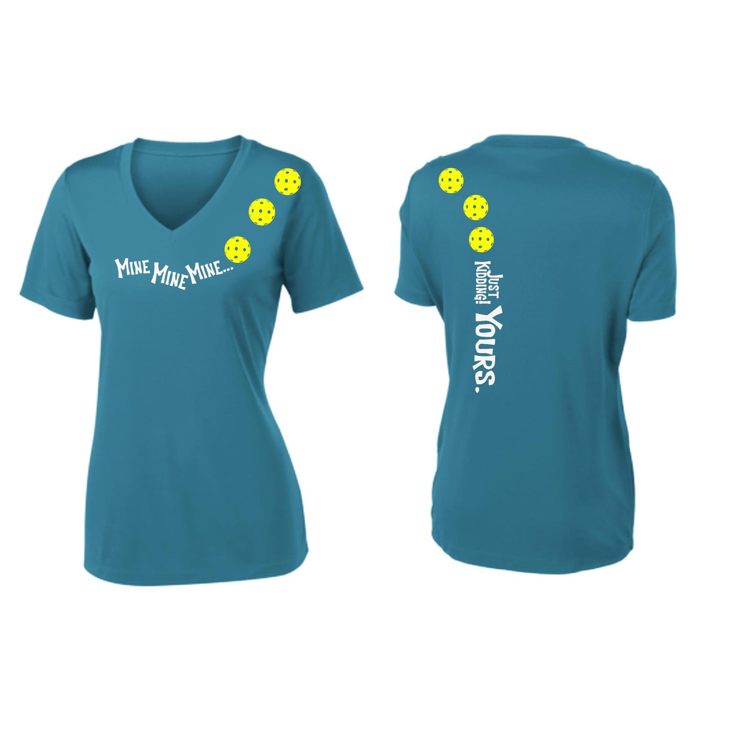 Mine JK Yours (Pickleballs Red White Yellow) | Women's Short Sleeve V-Neck Pickleball Performance T-Shirts | 100% Polyester