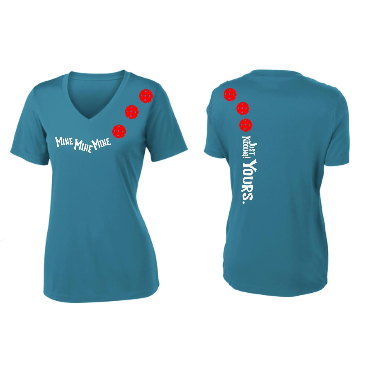 Mine JK Yours (Pickleballs Red White Yellow) | Women's Short Sleeve V-Neck Pickleball Performance T-Shirts | 100% Polyester