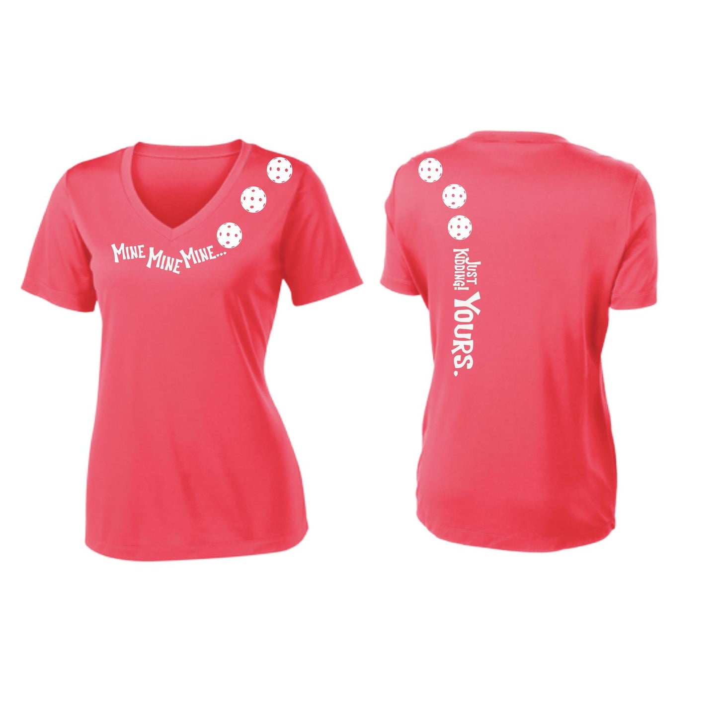 Mine JK Yours (Pickleballs Red White Yellow) | Women's Short Sleeve V-Neck Pickleball Performance T-Shirts | 100% Polyester