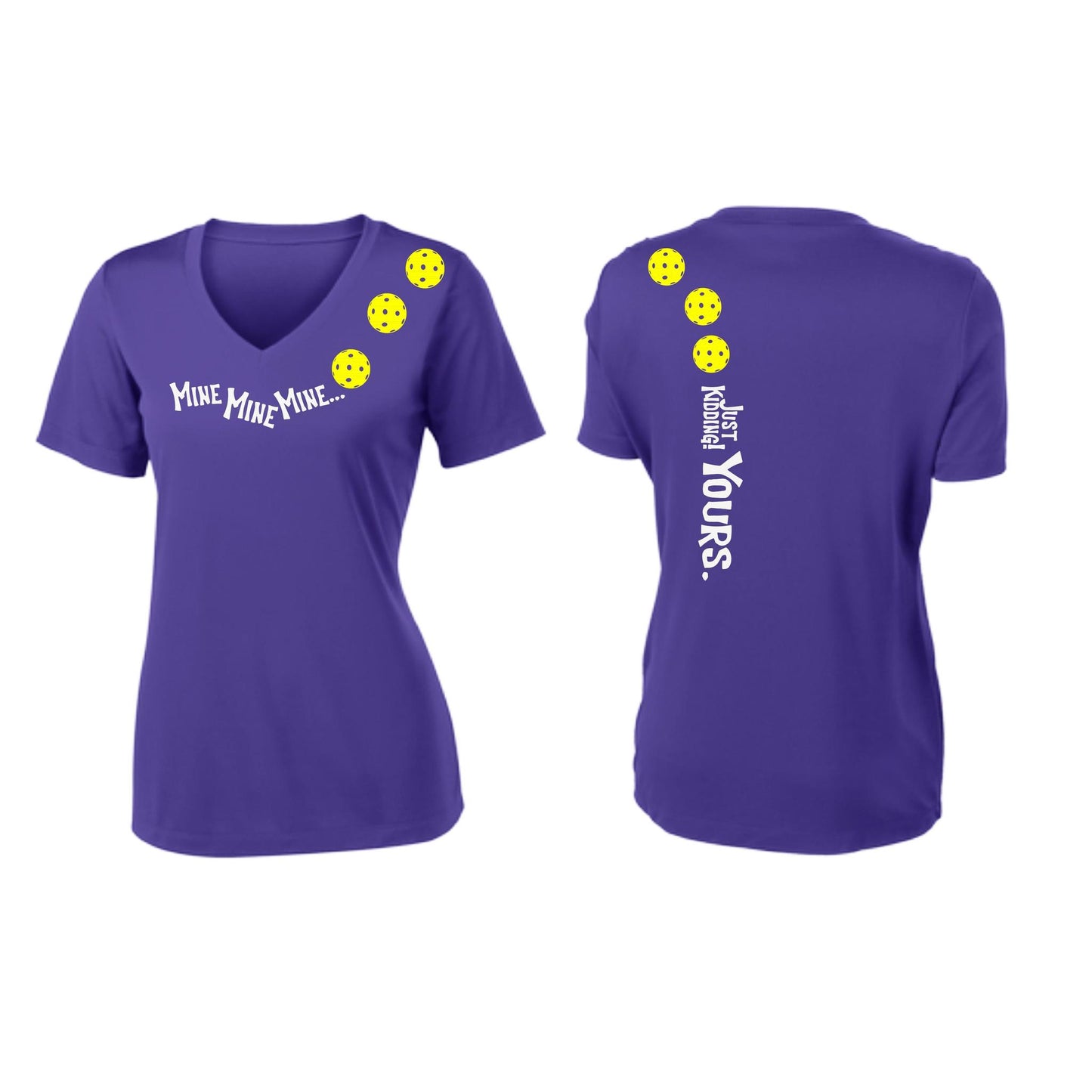 Mine JK Yours (Pickleballs Red White Yellow) | Women's Short Sleeve V-Neck Pickleball Performance T-Shirts | 100% Polyester