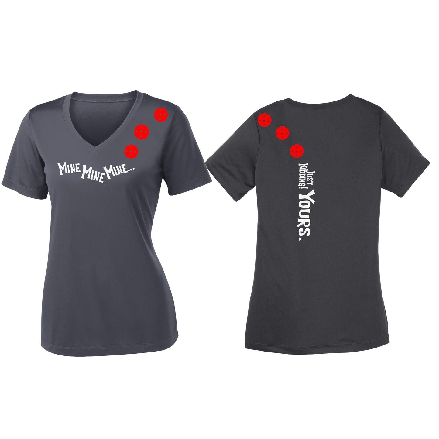 Mine JK Yours (Pickleballs Red White Yellow) | Women's Short Sleeve V-Neck Pickleball Performance T-Shirts | 100% Polyester
