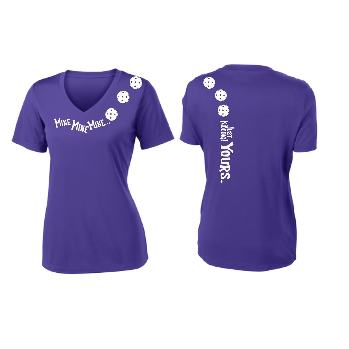 Mine JK Yours (Pickleballs Red White Yellow) | Women's Short Sleeve V-Neck Pickleball Performance T-Shirts | 100% Polyester