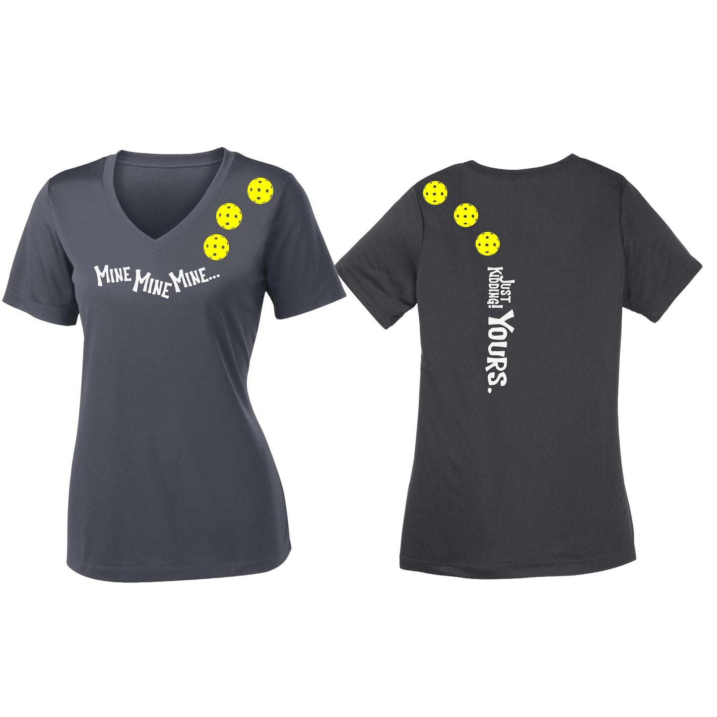 Mine JK Yours (Pickleballs Red White Yellow) | Women's Short Sleeve V-Neck Pickleball Performance T-Shirts | 100% Polyester