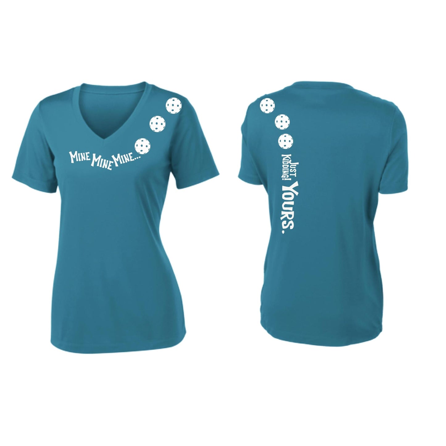 Mine JK Yours (Pickleballs Red White Yellow) | Women's Short Sleeve V-Neck Pickleball Performance T-Shirts | 100% Polyester